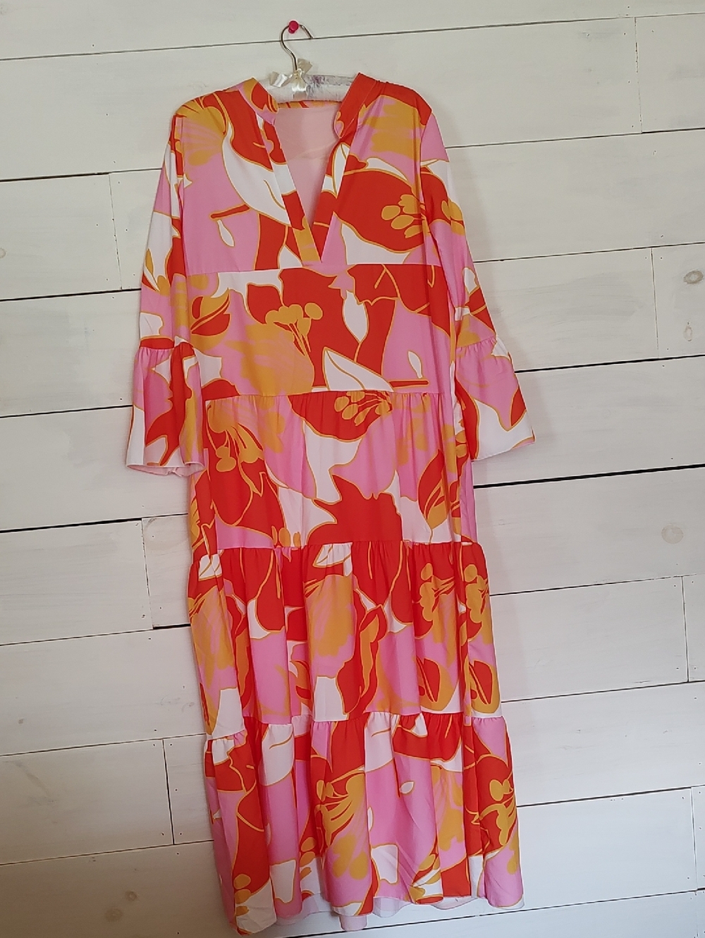 Sunday Up (Dear Stella) Pink, Orange & Yellow Floral Tiered Maxi Dress. Large